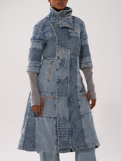 Vintage Patchwork Denim Trench Coat