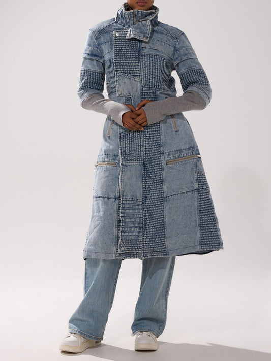 Vintage Patchwork Denim Trench Coat