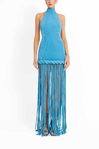 Azure Wave Halter Fringe Maxi Dress