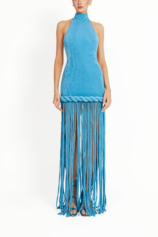 Azure Wave Halter Fringe Maxi Dress