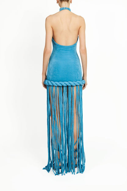 Azure Wave Halter Fringe Maxi Dress