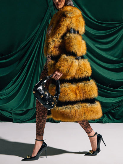 Luxury Red Fox Fur Patchwork Long Coat