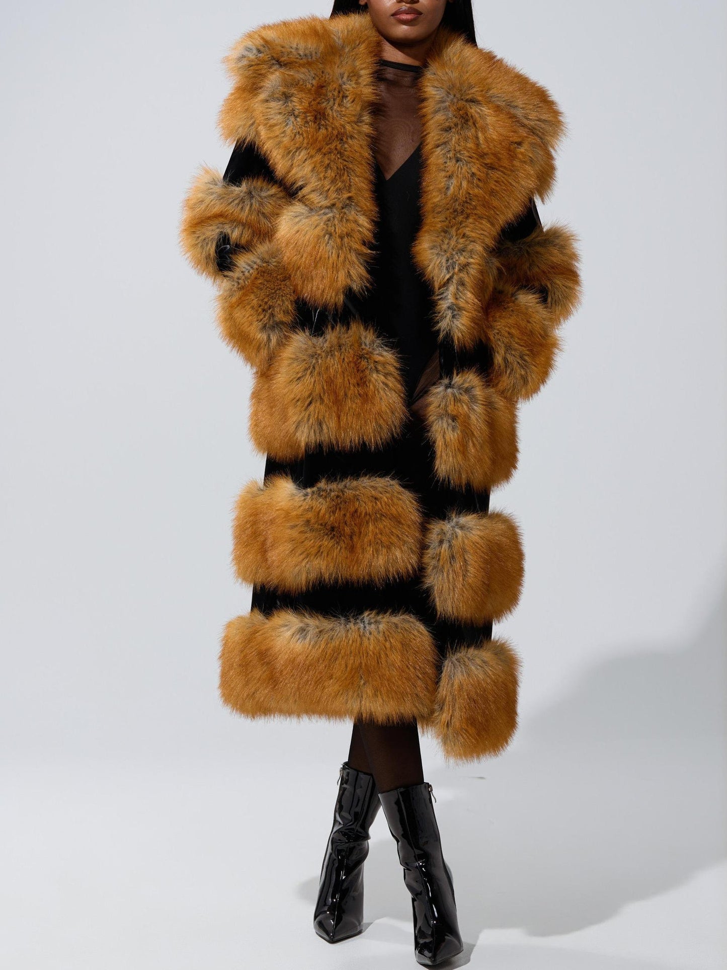 Luxury Red Fox Fur Patchwork Long Coat