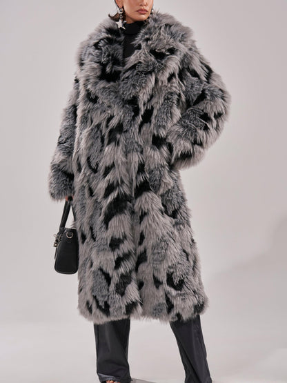 Edgy Chic Style Gray & Black Faux Fur Long Coat