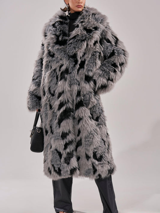 Edgy Chic Style Gray & Black Faux Fur Long Coat