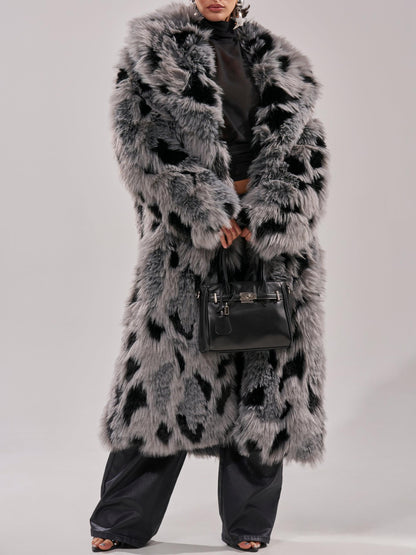 Edgy Chic Style Gray & Black Faux Fur Long Coat