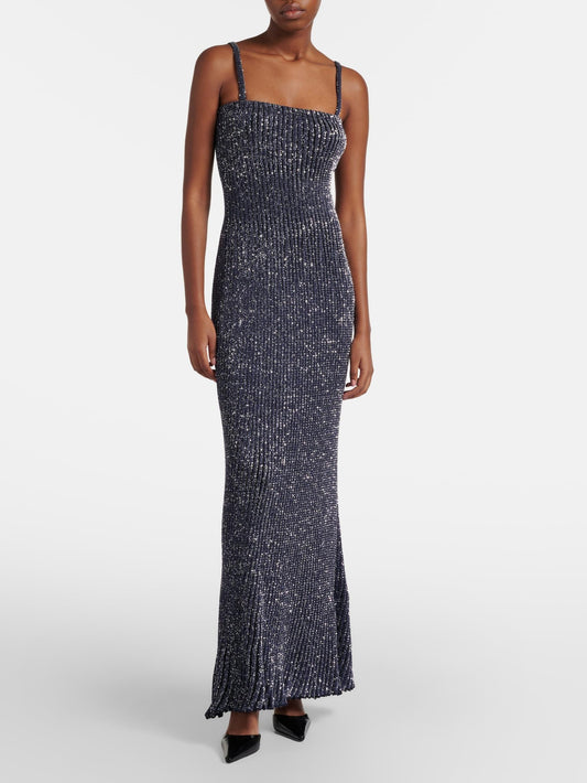 Spaghetti Strap Grey Sequin Knit Maxi Dress