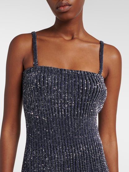 Spaghetti Strap Grey Sequin Knit Maxi Dress