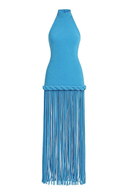 Azure Wave Halter Fringe Maxi Dress