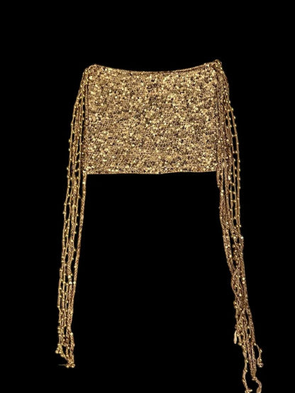 Gilded Sequin Knit 3-Piece Set: Halter Cutout Crop Top + Underbust Bralette + Mini Skirt for Glam Party Events