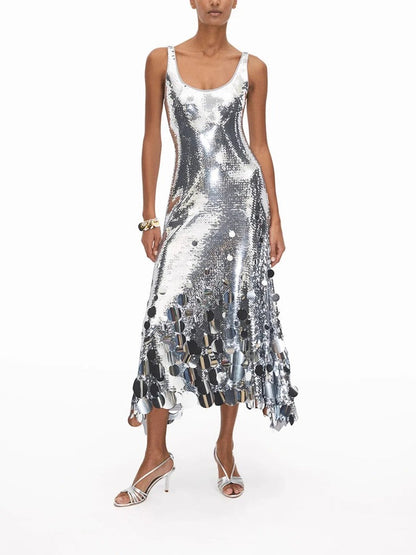 Curvy-Fit Silver Sequin Sleeveless Maxi Dress