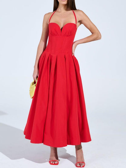 Bold Red Halter Neck Corset Midi Dress