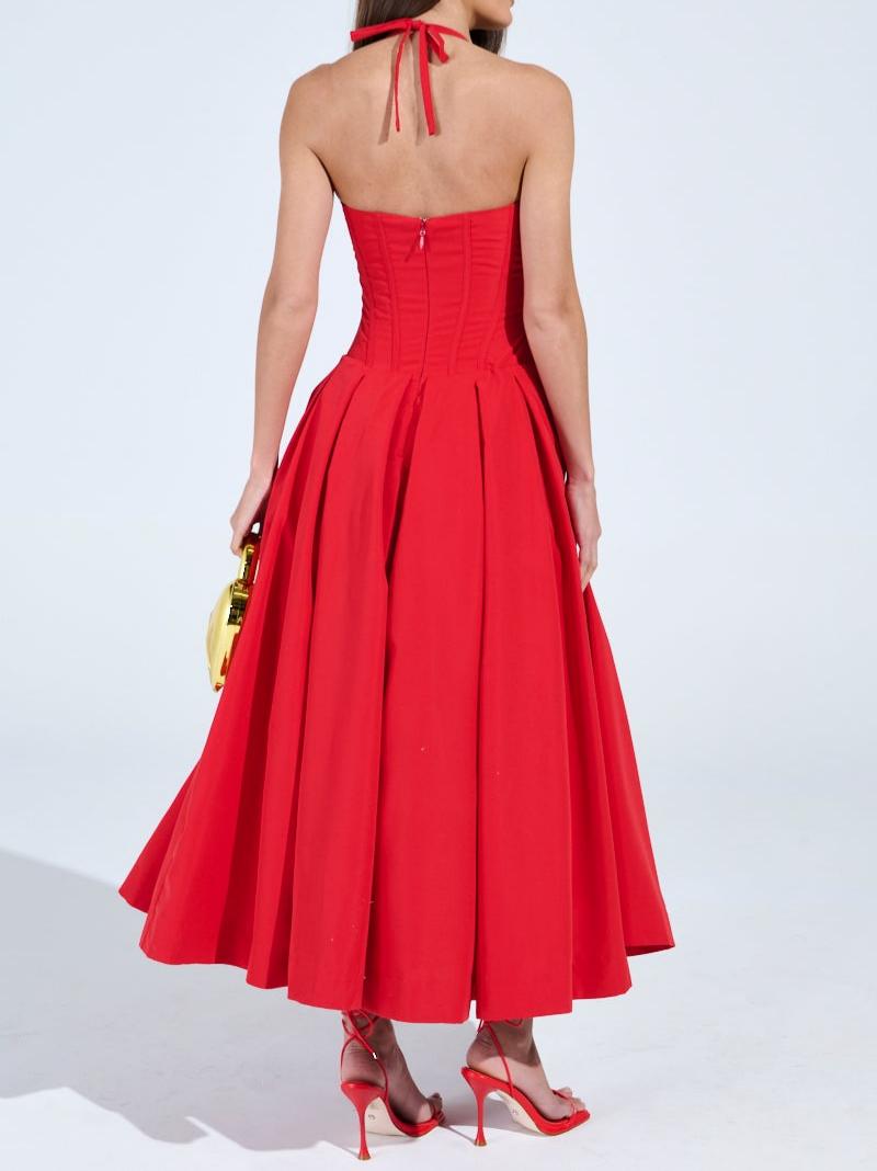 Bold Red Halter Neck Corset Midi Dress
