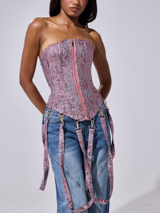 Glittery Pink Strapless Back Lace-Up Detail Corset Top