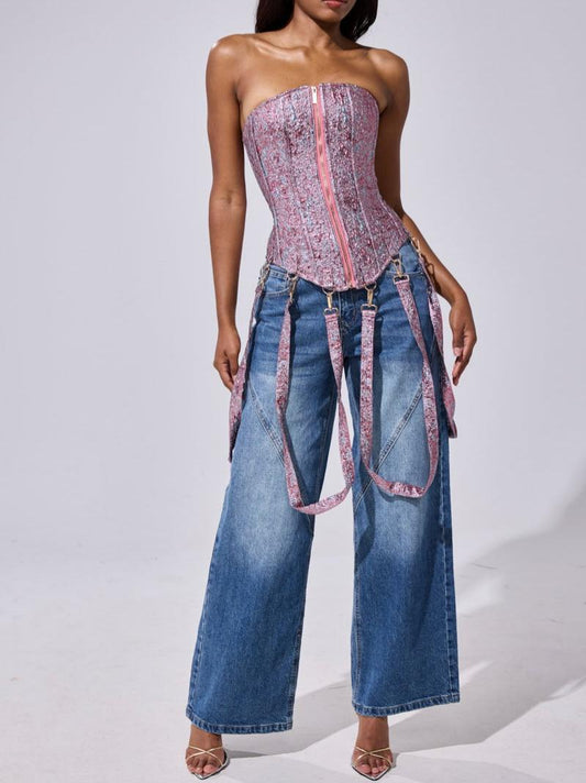 Glittery Pink Strapless Back Lace-Up Detail Corset Top