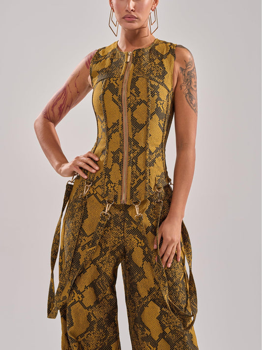 Mustard Snake Print Sleeveless Corset Top & Wide-Leg Pants Set
