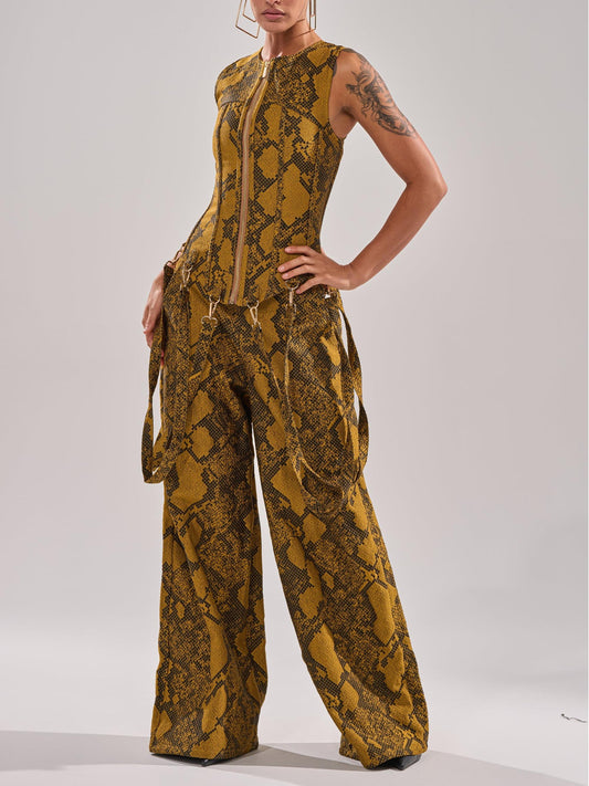 Mustard Snake Print Sleeveless Corset Top & Wide-Leg Pants Set