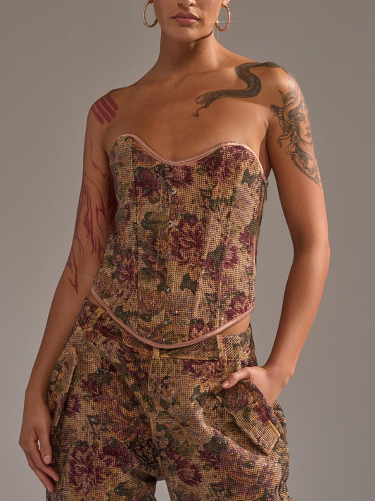 Vintage Floral Full Rhinestone-Embellished Corset Top & Cargo Pants 2-Piece Set