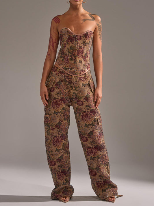Vintage Floral Full Rhinestone-Embellished Corset Top & Cargo Pants 2-Piece Set