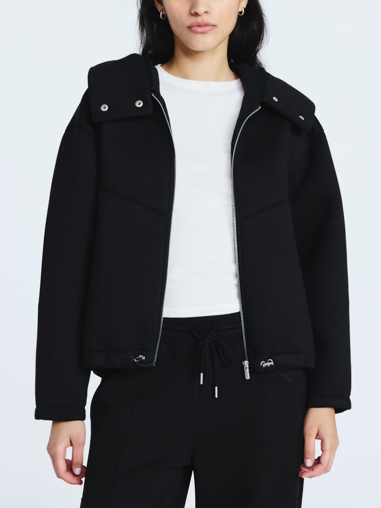 Oversized Scuba Hooded Jacket with Wide Lapel & Drawstring Hem
