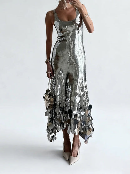 Curvy-Fit Silver Sequin Sleeveless Maxi Dress