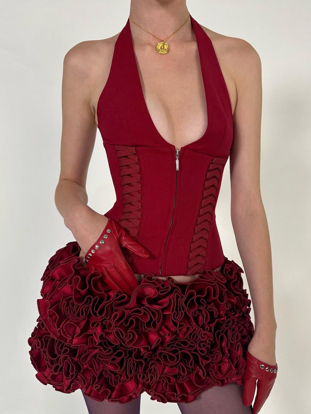Burgundy Halter Neck Corset Top & Ruffled Mini Skirt Set