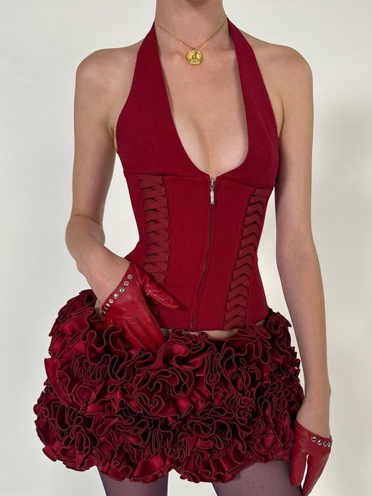 Burgundy Halter Neck Corset Top & Ruffled Mini Skirt Set
