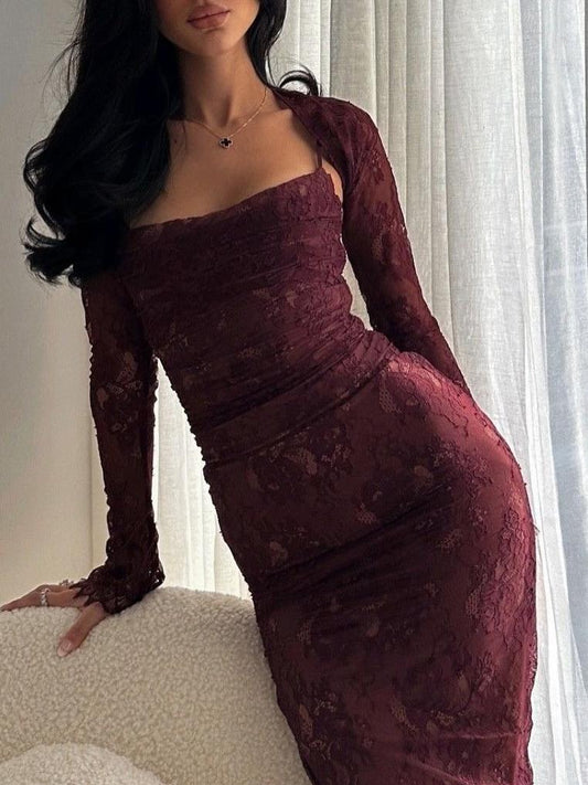 Burgundy Lace Two-Piece Midi Dress - Sheer Long-Sleeve & Ruched Slip Dress Set
