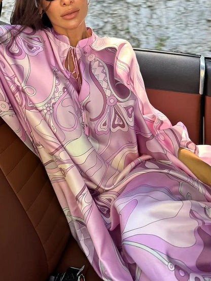 Abstract Patterns Elegant Pink Maxi Kaftan Dress