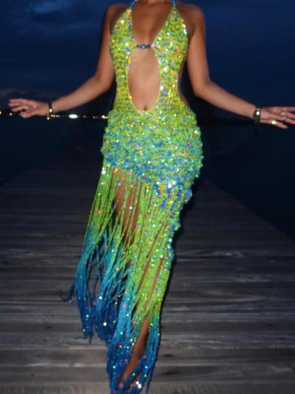Ocean Ombre Sequin Halter Cutout Fringe Maxi Dress