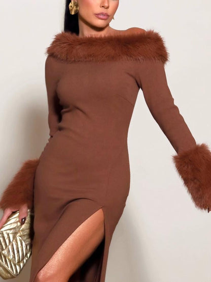 Fur Trim and a Seductive Side Slit Elegant Brown Off - Shoulder Gown