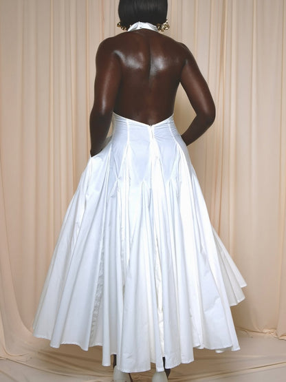 Elegant White Backless Midi Dress
