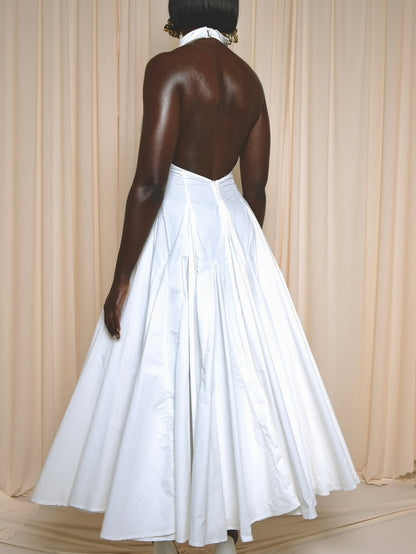 Elegant White Backless Midi Dress