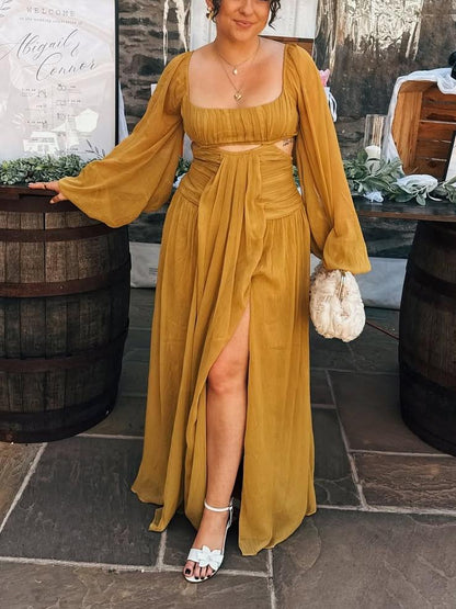 Long Sleeve Cut Out Maxi Dress With Ruched Skirt