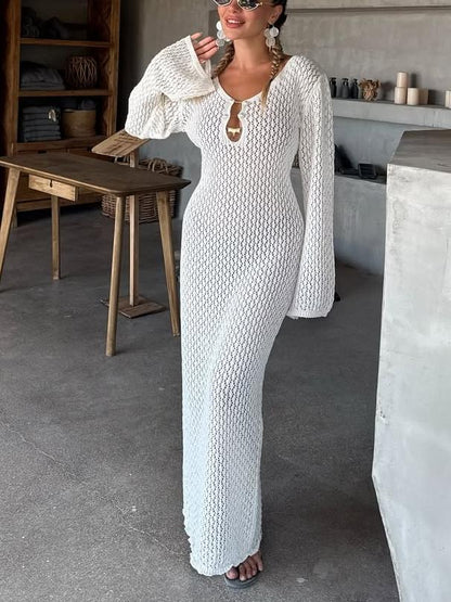Elegant White Crochet Maxi Dress