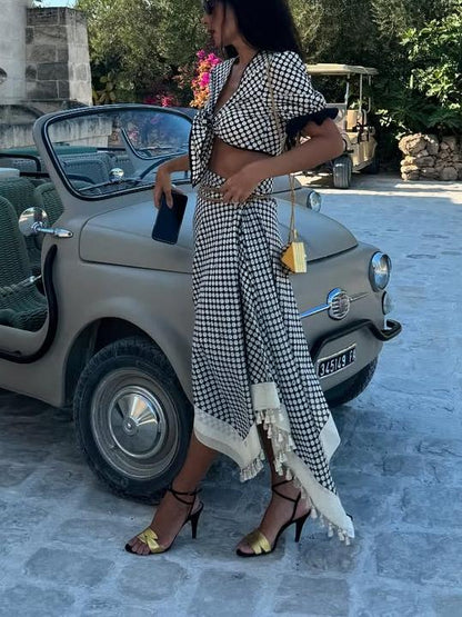 Stylish Polka - Dot Two - Piece Dress Set with Crop Top and Midi Skirt