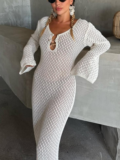 Elegant White Crochet Maxi Dress