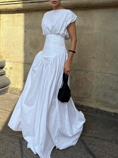 Elegant White Maxi Dress with Pleated Details