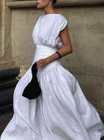 Elegant White Maxi Dress with Pleated Details