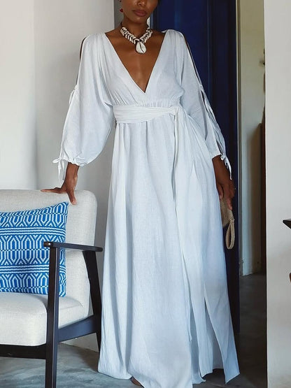 Detachable Belt Graceful V - Neck Maxi Dress