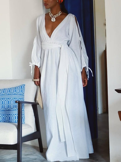 Detachable Belt Graceful V - Neck Maxi Dress