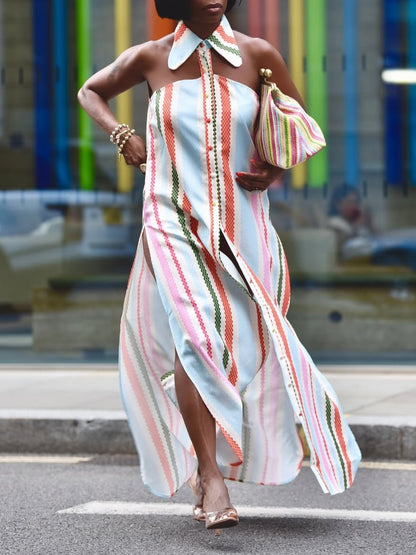 Multi Diamond Stripes Shirt Dress