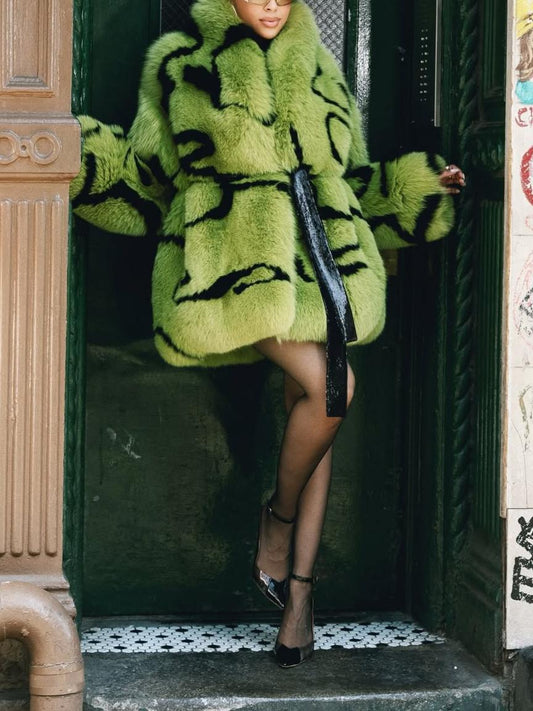 Neon Green Abstract Print Faux Fur Coat