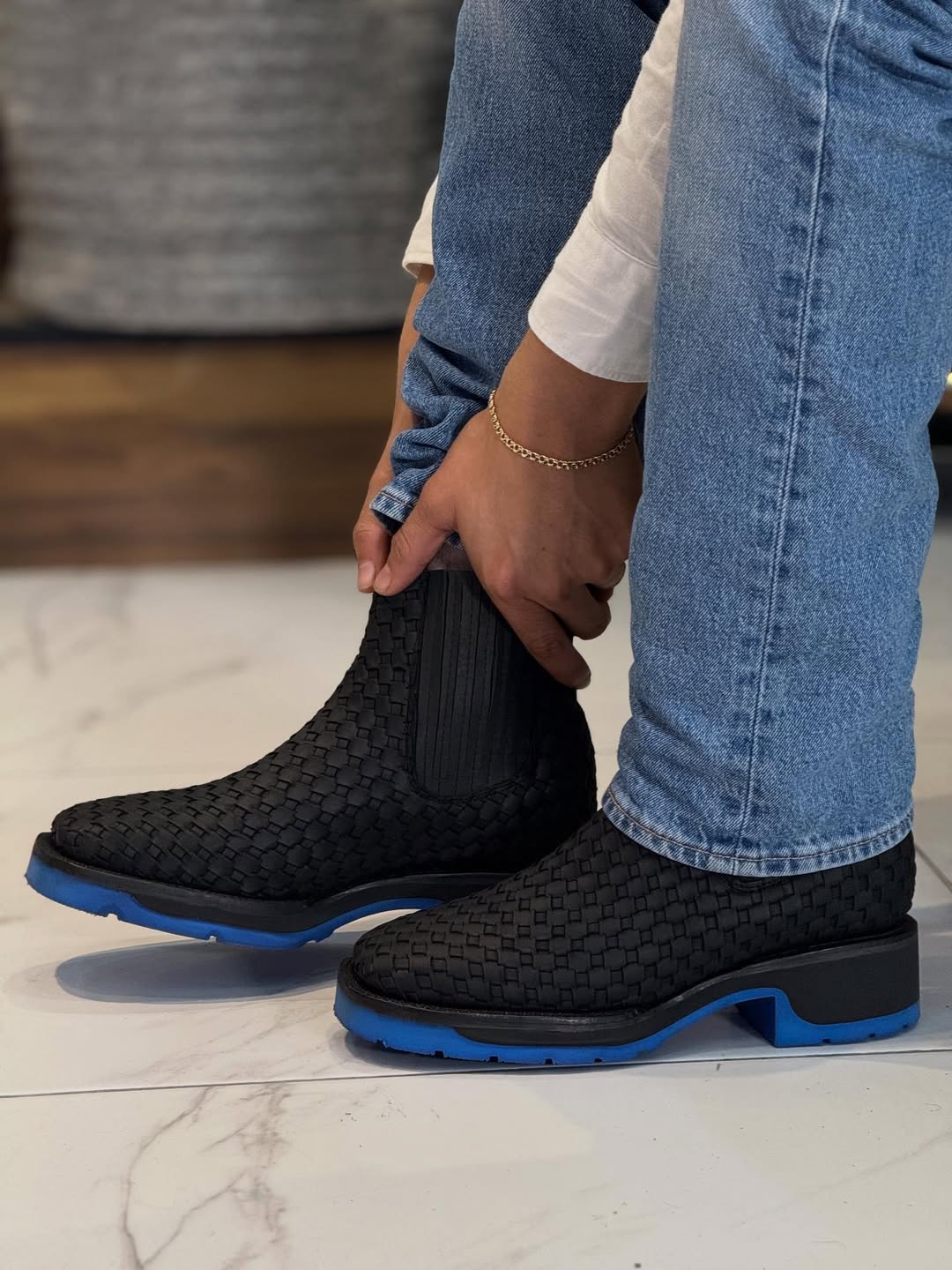 Men's Black Woven Contrast Blue Sole Elastic Side Ankle Boots