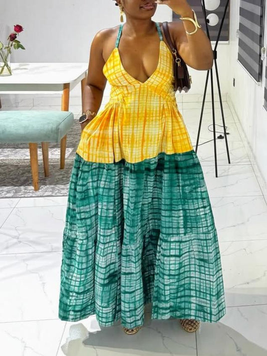 V-Neck Crisscross Back Color Block Plaid Maxi Dress