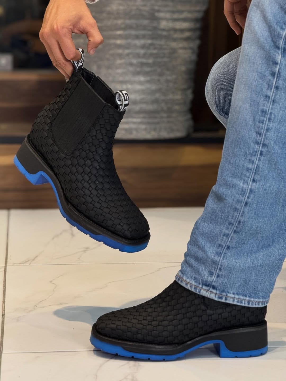 Men's Black Woven Contrast Blue Sole Elastic Side Ankle Boots