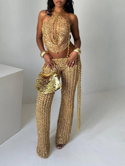 Gilded Luxury Hollow Knit Two-Piece Set