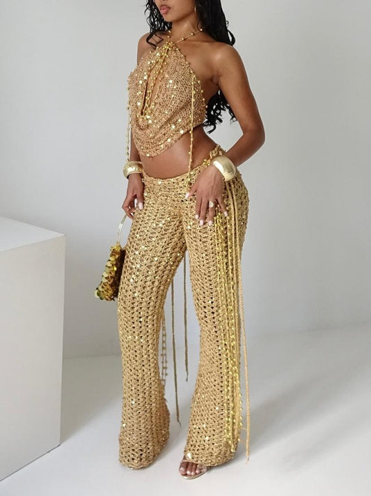 Gilded Luxury Hollow Knit Two-Piece Set