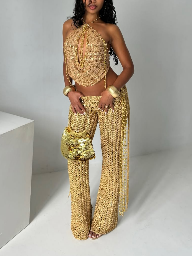 Gilded Luxury Hollow Knit Two-Piece Set