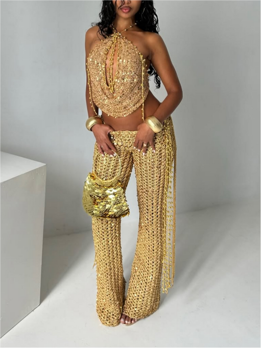 Gilded Luxury Hollow Knit Two-Piece Set